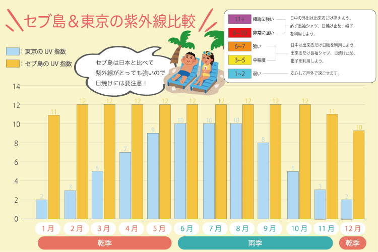 セブ島と東京の紫外線数比較グラフ