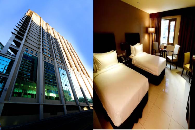 高層ホテルの外観とシックなイメージの客室
ベッドが２つ並べられている