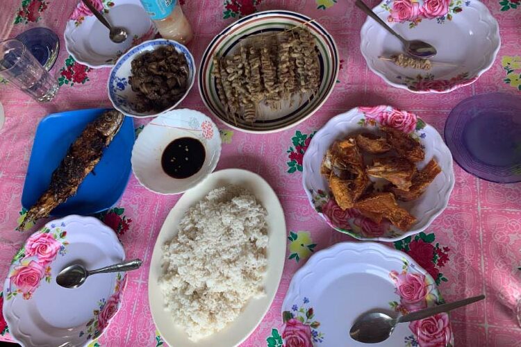 フィリピン家庭の食卓
白米、焼き魚、揚げた魚、アドボ、焼き鳥が並んでいる