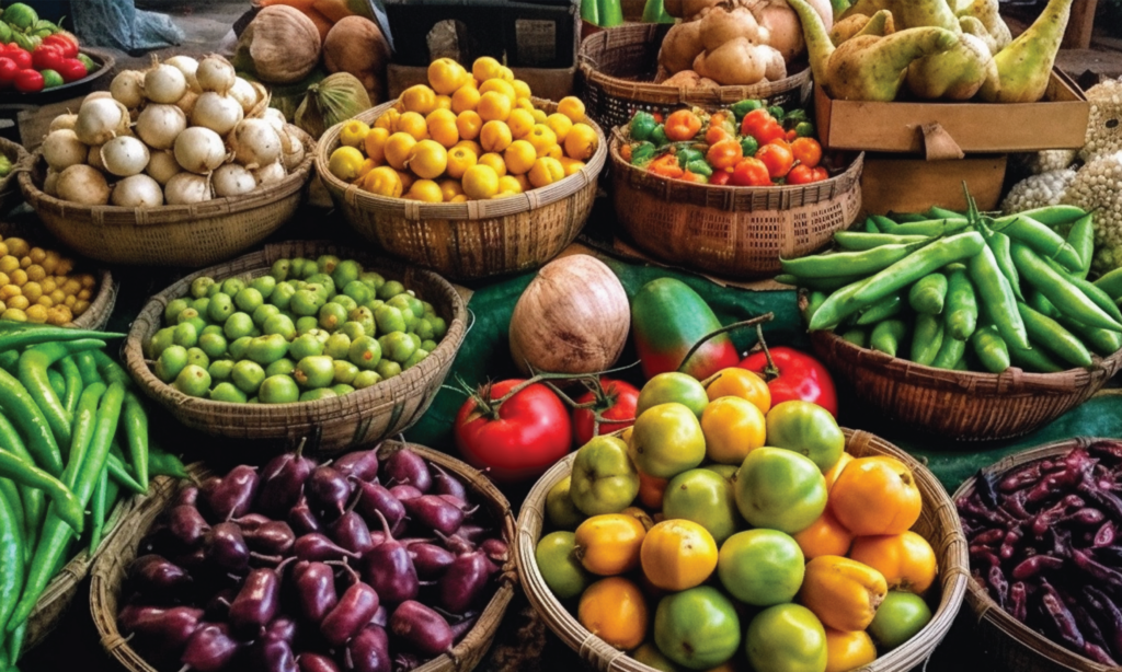 市場で売られている野菜
カゴに各種類の野菜が入れられている
