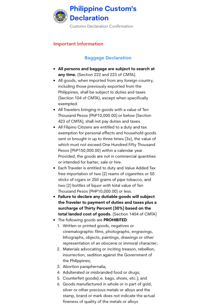 Philippine Customs Declaration（フィリピン税関申告書）