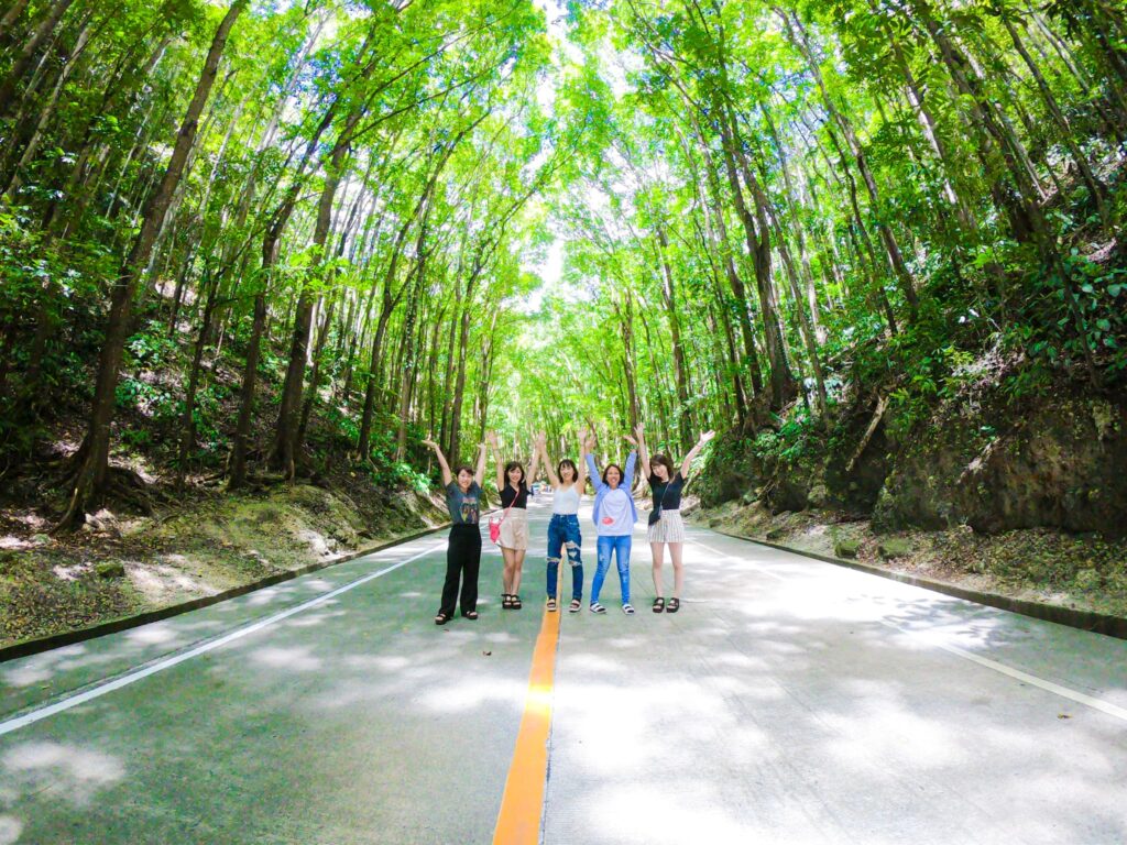 マンメイドフォレストを後ろに5名で撮影