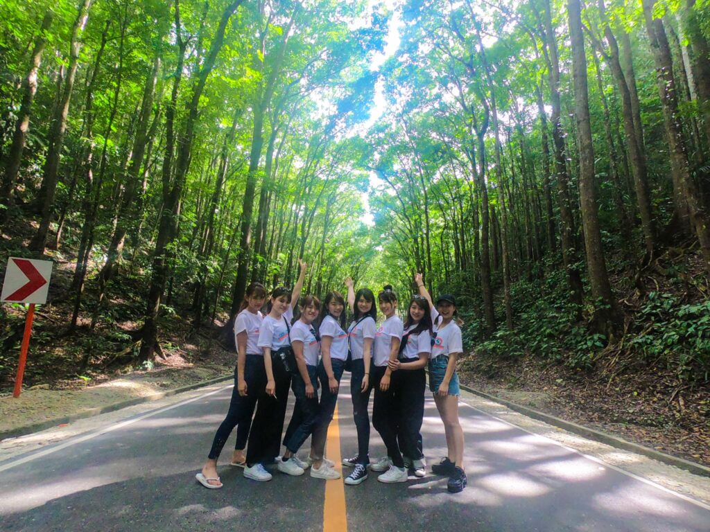 マンメイドフォレストを背景に写真を撮影する女性たち